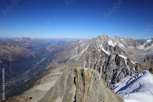 Viewpoint from the Aiguille du Midi which is a 3,842-metre-tall mountain in the Mont Blanc massif within the French Alps