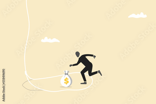 Businessman try to step into tricky rope trap to get money. concept of Money trap, danger fraud, financial or investment problem.