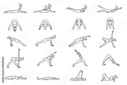 Yoga poses collection. Black and white. Female woman girl. Vector illustration in outline style isolated on white background.