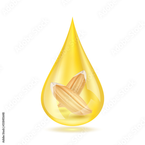 Paddy ear rice seed in oil dripping close up realistic. Vegetarian organic ingredient for cooking. Rice bran oil extract shiny golden yellow 3D isolated on white background. Vector EPS10.
