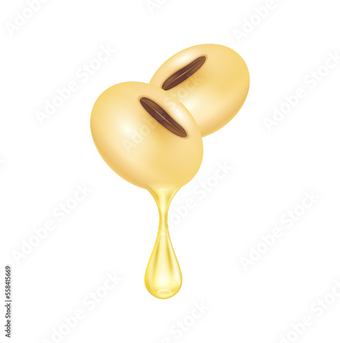 Soybean oil dripping from beans seed close up realistic. Vegetarian organic ingredient for cooking. Oil drop shiny golden yellow 3D isolated on white background. Vector EPS10 illustration.