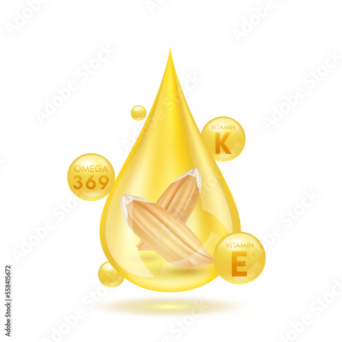 Paddy ear rice seed in oil dripping with Omega and Vitamins. Vegetarian organic ingredient for cooking. Rice bran oil extract shiny golden yellow 3D isolated on white background. Vector EPS10.