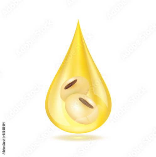 Beans seed inside oil drip close up realistic. Vegetarian organic ingredient for cooking. Soybean oil drop shiny golden yellow 3D isolated on white background. Vector EPS10 illustration.