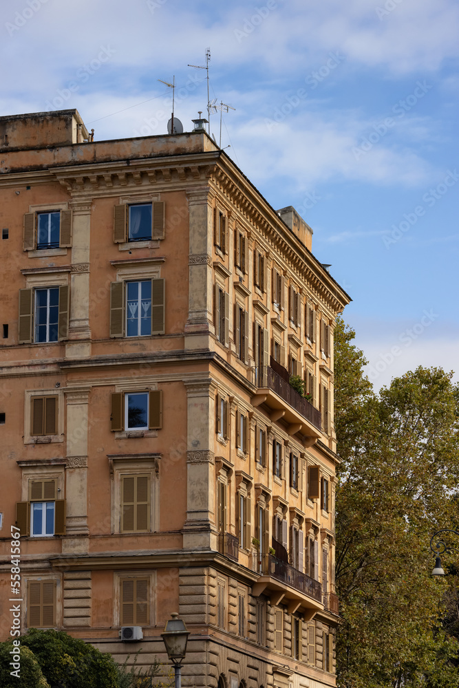 Fototapeta premium Old Historic Streets in Downtown Rome, Italy. Apartment Buildings Exterior