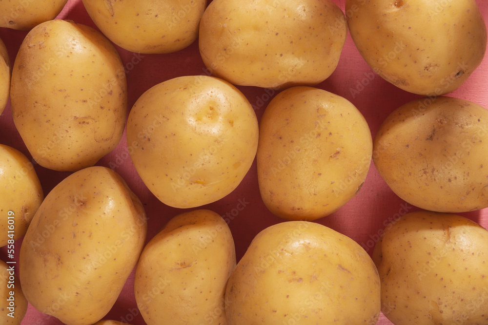 Raw potatoes on a wooden board. Bright pink background Raw potatoes on a wooden board. Bright pink background