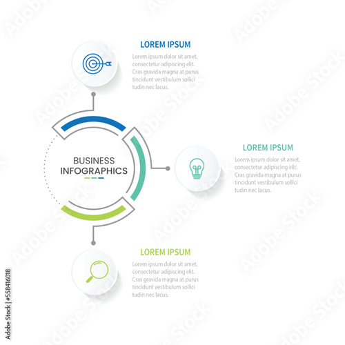 Modern infographic template. Creative circle element design with marketing icons. Business concept with 3 options, steps, sections.
