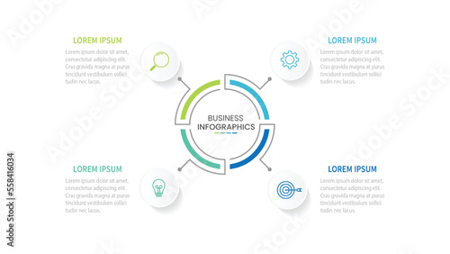 Modern infographic template. Creative circle element design with marketing icons. Business concept with 4 options, steps, sections.
