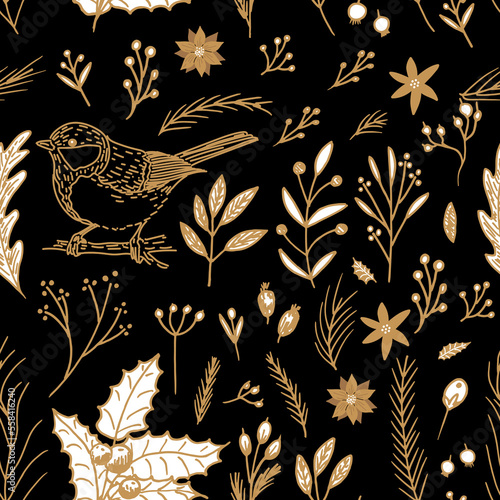Seamless Christmas pattern with fir branches, flowers, birds. Drawn winter titmouse in vintage style. Vector illustration for wrapping paper design, background, textile, wallpaper, fabric, and cards.