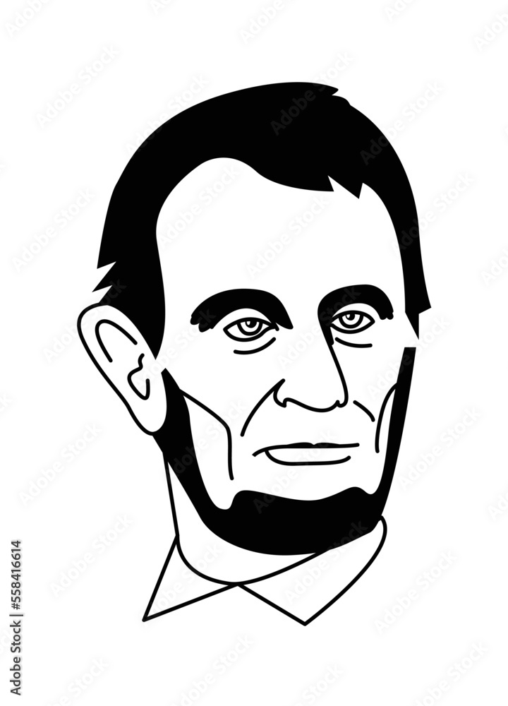 Portrait of an American leader. Sixteenth President of the United States. Silhouette for engraving, stamping, gilding. Portrait of Lincoln in flat simplified graphic style. President's birthday