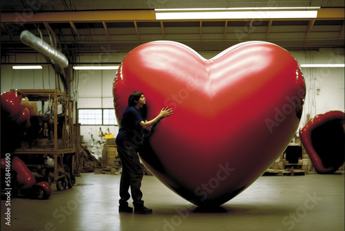 Huge inflatable heart-shaped red balloon in a warehouse, with a figure giving a hug. For Valentine's day, wedding or love illustrations. Generative AI. © QC Creations