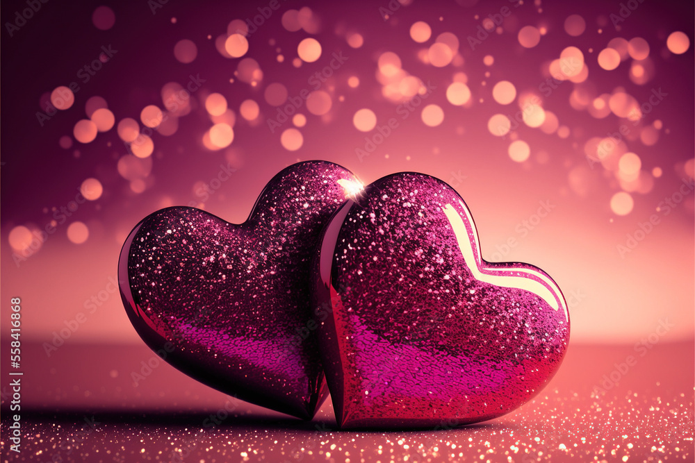 Fototapeta premium Two 3D pink glittery and shiny hearts, closeup shot, bokeh blurry background. For Valentine's day or wedding cards.