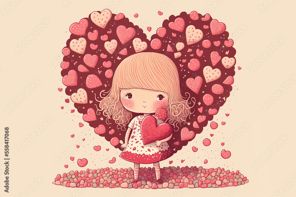 Girl holding a heart. Cute illustration for Valentine's day card. Generative AI. Girl holding a heart. Cute illustration for Valentine's day card. Generative AI.