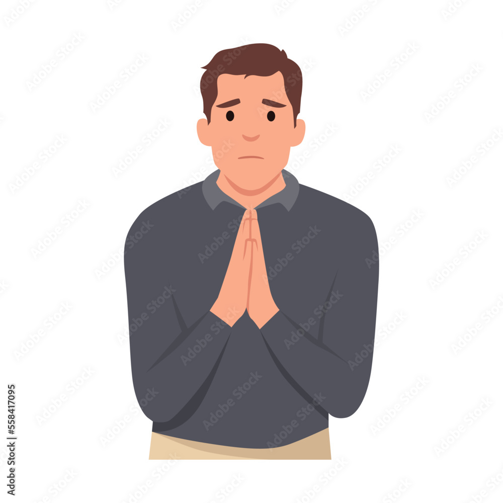Young man with hands in prayer ask for forgiveness. Male join hands feel grateful or thankful. Gratitude concept. Flat vector illustration isolated on white background Young man with hands in prayer ask for forgiveness. Male join hands feel grateful or thankful. Gratitude concept. Flat vector illustration isolated on white background