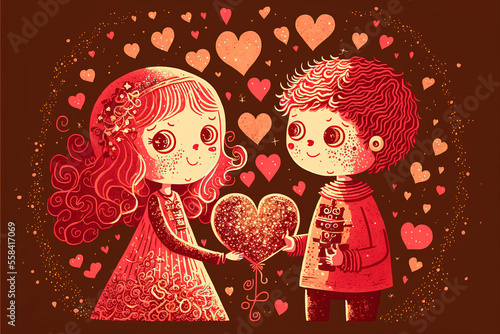 Girl and boy sharing a heart. Cute illustration for Valentine's day card. Generative AI.