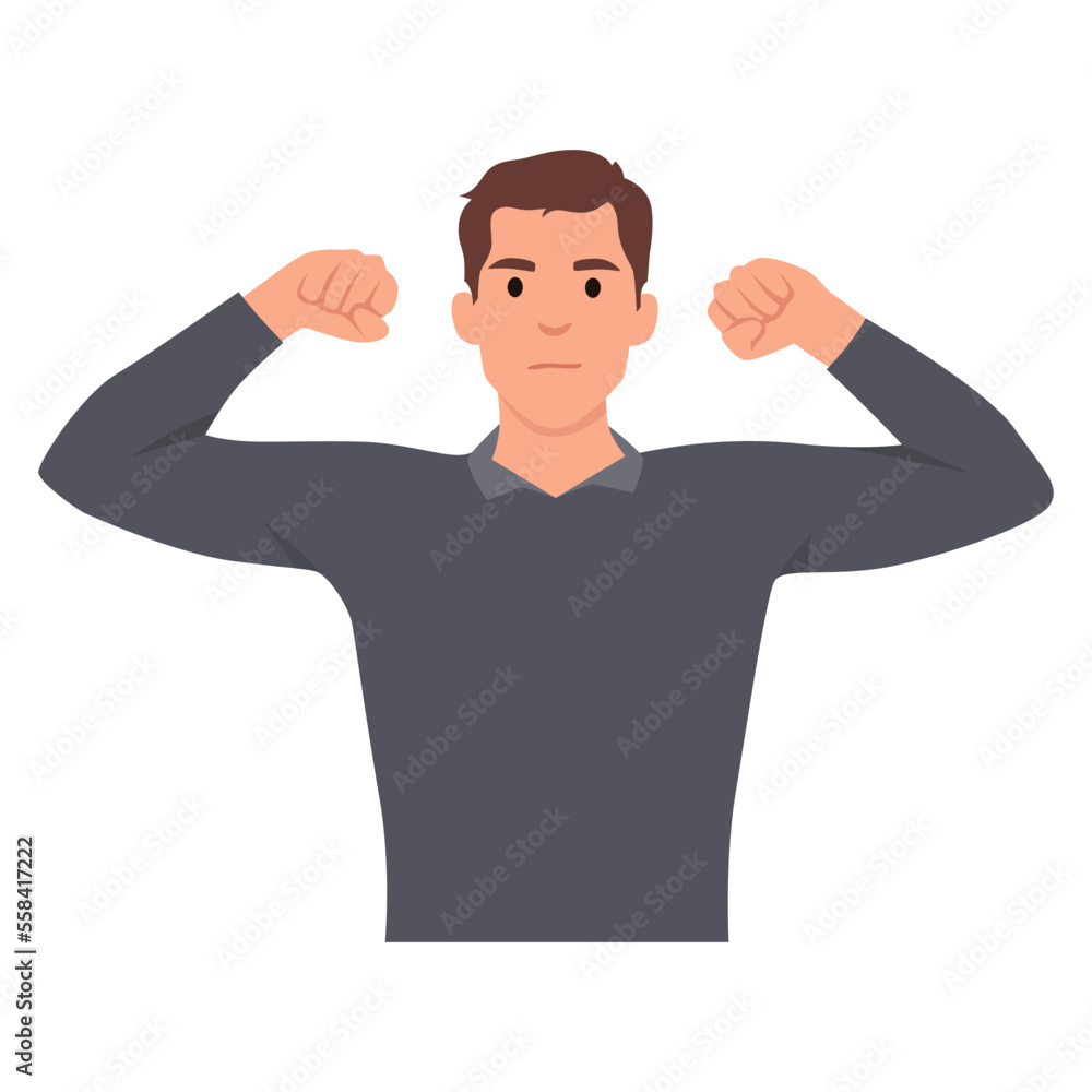 Young man Leadership authority and strength concept. Young smiling businessman in white shirt standing and showing strong biceps meaning business success. Flat vector illustration isolated on white Young man Leadership authority and strength concept. Young smiling businessman in white shirt standing and showing strong biceps meaning business success. Flat vector illustration isolated on white
