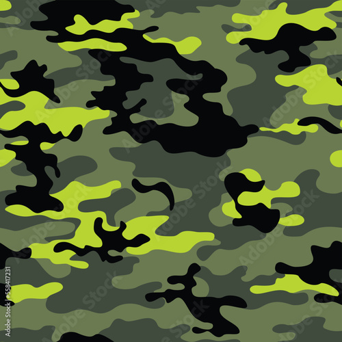 Green camouflage pattern, seamless vector background, trendy fabric texture. Ornament.