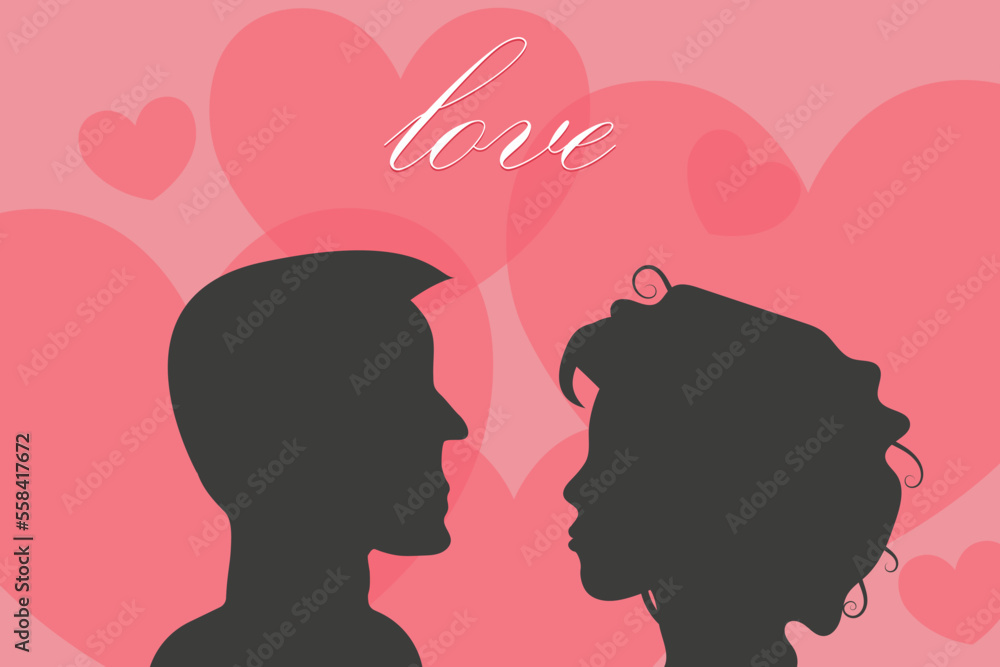Silhouettes of a man and a woman (a couple in love) on a background of pink hearts with the inscription 