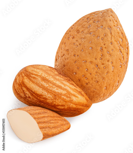 Almonds isolated on white background. Almond nut collection .