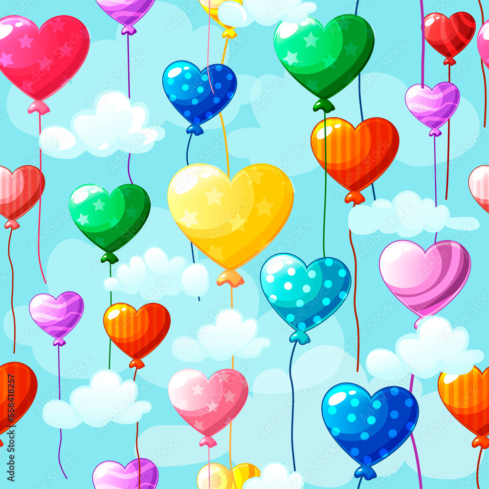 Seamless pattern heart-shaped colored balloons in the sky with clouds background. Seamless pattern heart-shaped colored balloons in the sky with clouds background.