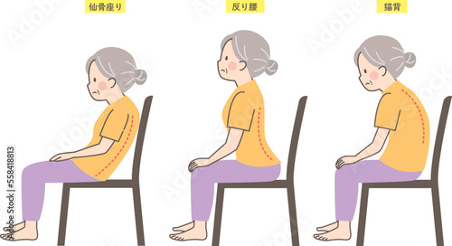 シニア女性の座った悪い姿勢のイラストセット