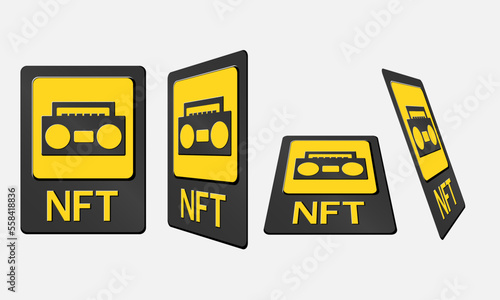 3D token NFT cards in crypto artwork. NFT card with music in perspective, top view in isometric and frontal view. Non-fungible token with information from the blockchain. ERC20. Vector