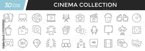 Cinema linear icons set. Collection of 30 icons in black