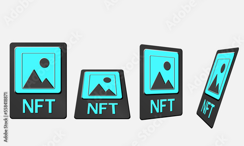 3D token NFT cards in crypto artwork. NFT card with art in perspective, top view in isometric and frontal view. Non-fungible token with information from the blockchain. ERC20. Vector