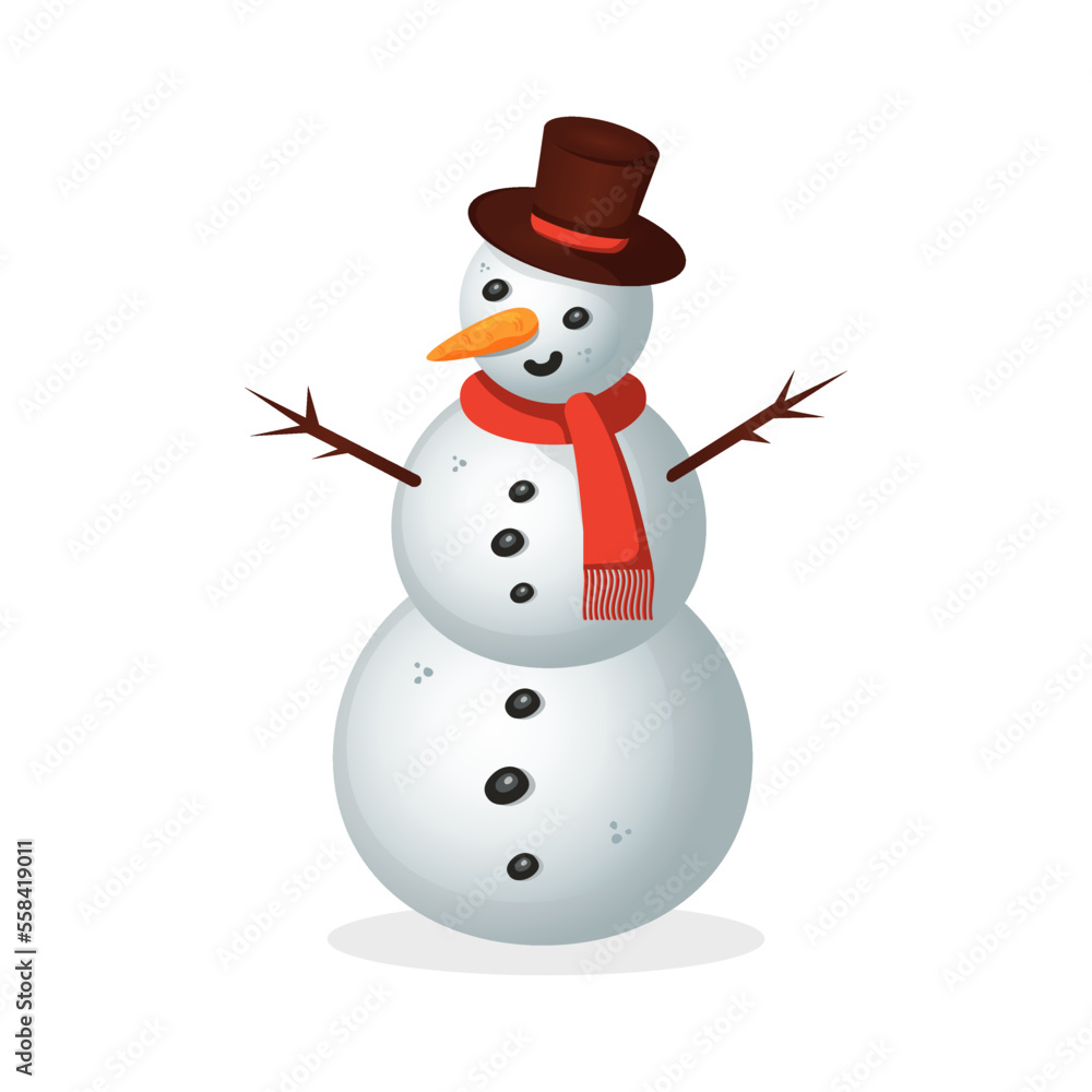 Merry Christmas greeting card with a cute snowman and falling snowflakes. Vector illustration.