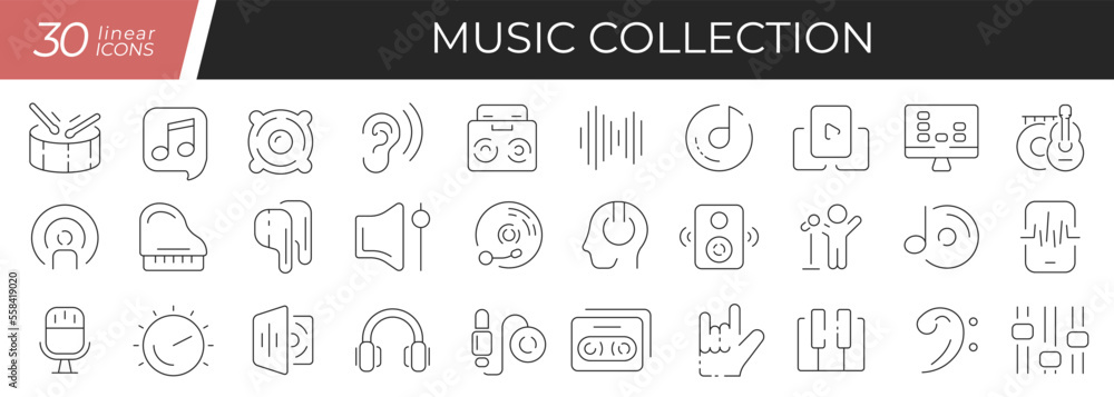 Music linear icons set. Collection of 30 icons in black