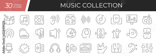 Music linear icons set. Collection of 30 icons in black