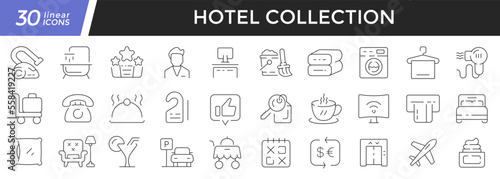 Hotel linear icons set. Collection of 30 icons in black