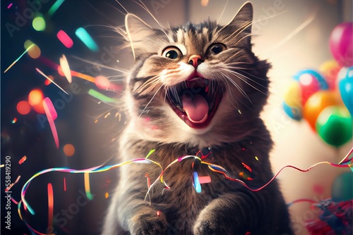 Funny smiling cat celebrating at festival event. Generative AI