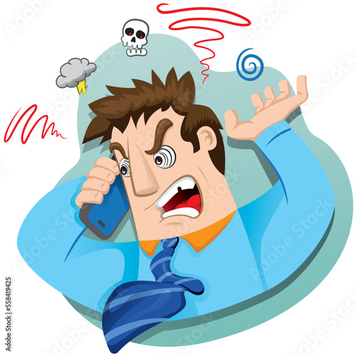 Male executive mascot screaming into cell phone, enraged. Ideal for educational and training materials