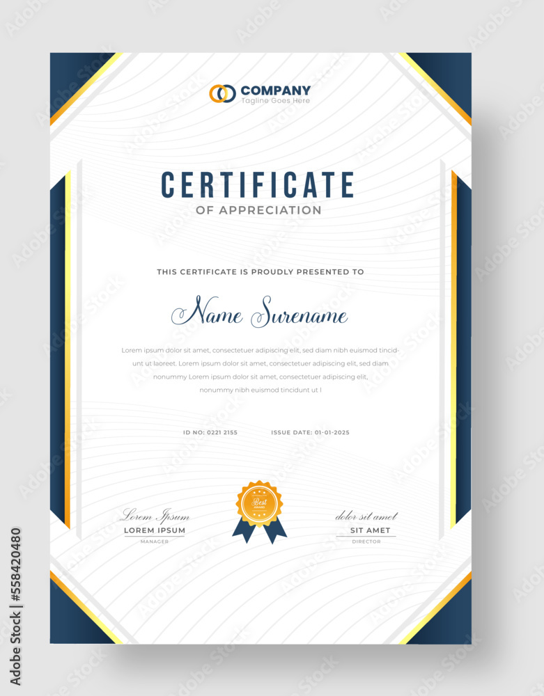Obraz premium Abstract Clean professional certificate of appreciation template. diploma modern certificate with badge. Elegant business diploma layout for training graduation or course completion.