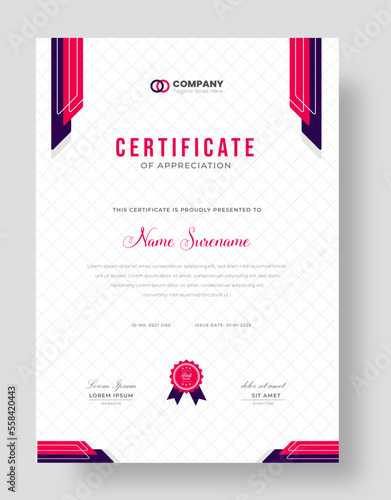 Abstract Clean professional red certificate of appreciation template. diploma modern certificate with badge. Elegant business diploma layout for training graduation or course completion.