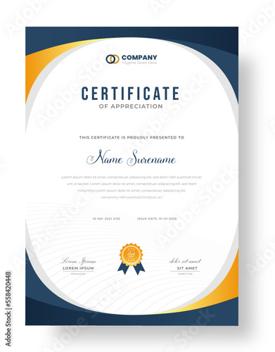 Abstract Clean professional certificate of appreciation template. diploma modern certificate with badge. Elegant business diploma layout for training graduation or course completion.