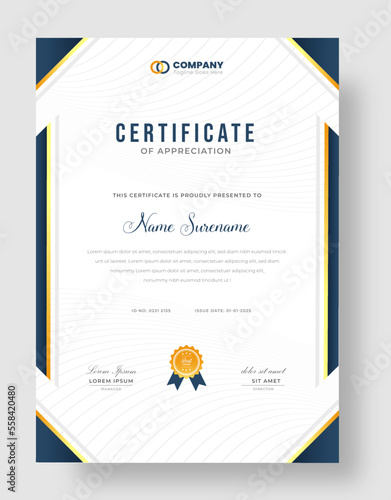 Abstract Clean professional certificate of appreciation template. diploma modern certificate with badge. Elegant business diploma layout for training graduation or course completion.