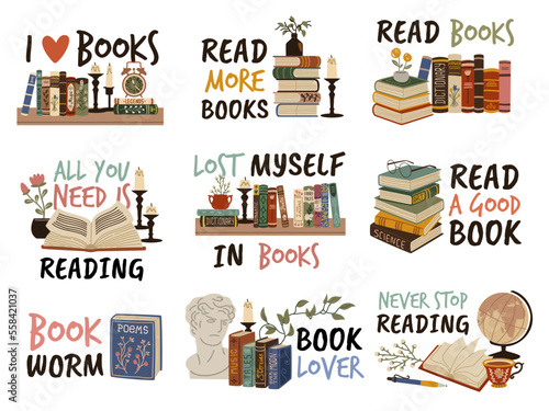 Reading emblems. Books with cute phrases, library labels, cozy quotes, hand drawn retro shelves literature, poems and short stories, poetry and textbook, tidy vector cartoon flat style set