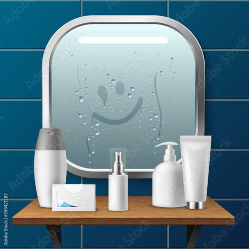 Realistic mirror. Drawn smiley face on condensation, modern bathroom decor in metal frame, toilet interior reflective glass, 3d elements, soap and cosmetic bottles, utter vector concept