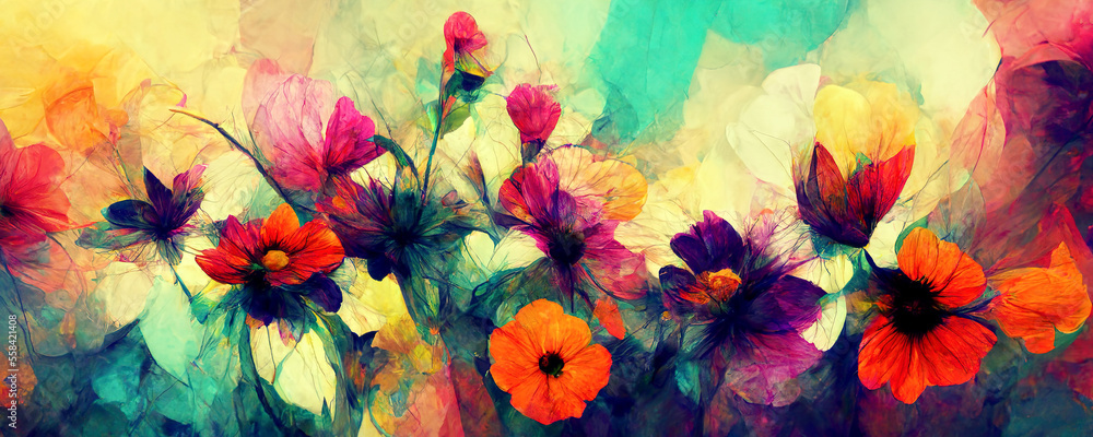 Colorful flower panorama as background. Generative AI.