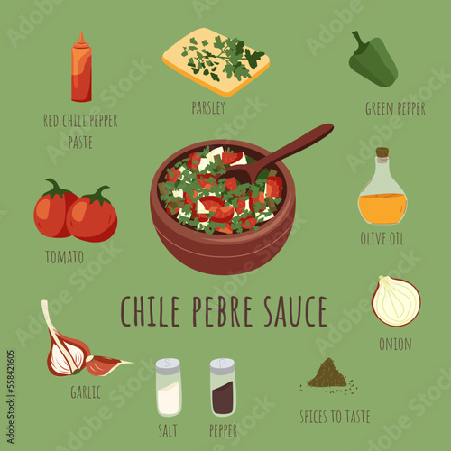Chilean pebre sauce ingredients. Mixed tomato, green pepper, onion, garlic, spices and greens. latin american cuisine.