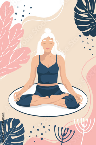 Relaxing, calm woman training yoga lotos asana, vector illustration