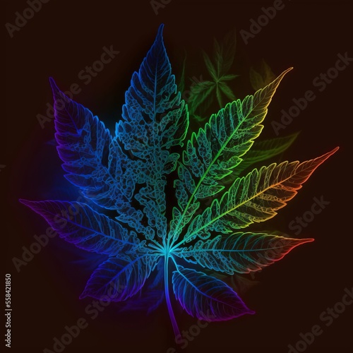 Illustration of colorful neon cannabis leaf at black background.  photo