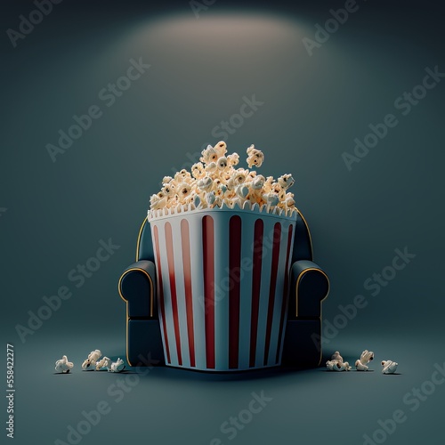 3d render of a classic striped popcorn box standing on cinema seat. Concept for going to movie theatre versus watching from streaming services photo