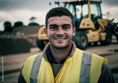 A Dedicated Construction Team Member with a Winning Smile on a Construction Site with Machine in Background Generative AI photo