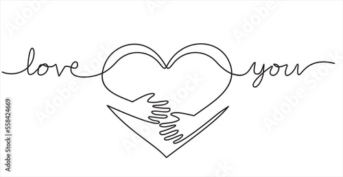 continuous line drawing of hand hugging heart, hug with inscription"love you". Vector