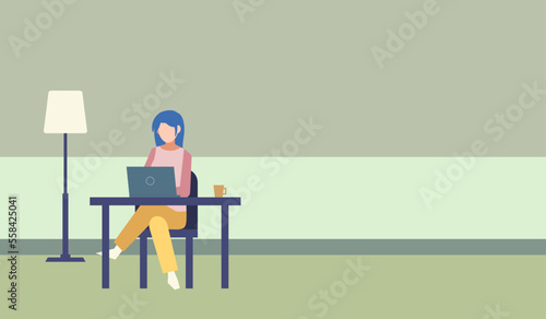 在宅ワークのイメージ　女性　人物フラットイラスト