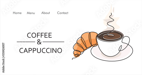 Croissant and coffee drawn in one line style. Breakfast theme with linear pastry and coffee for logo and posters, simple sketch design. Vector illustration isolated on white background