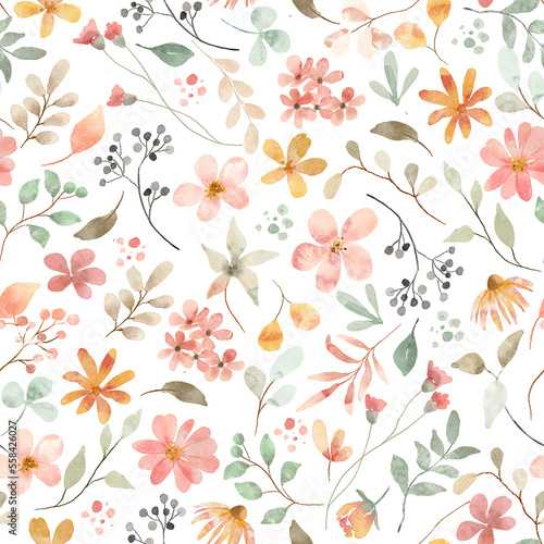 Seamless pattern with watercolor flowers, repeat floral texture, background hand drawing. Perfectly for wrapping paper, wallpaper, fabric, texture and other printing.