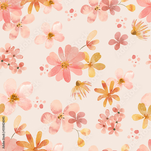 Fototapeta Naklejka Na Ścianę i Meble -  Seamless pattern with watercolor flowers, repeat floral texture, background hand drawing. Perfectly for wrapping paper, wallpaper, fabric, texture and other printing.